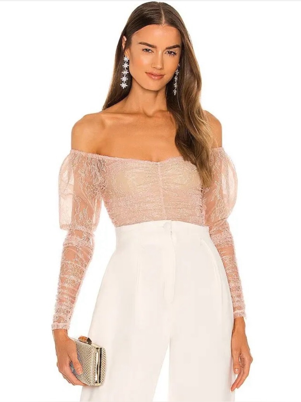 Michael Costello x Revolve Fiona Blush Nude Ruched Sheer Lace Bodysuit M NWT